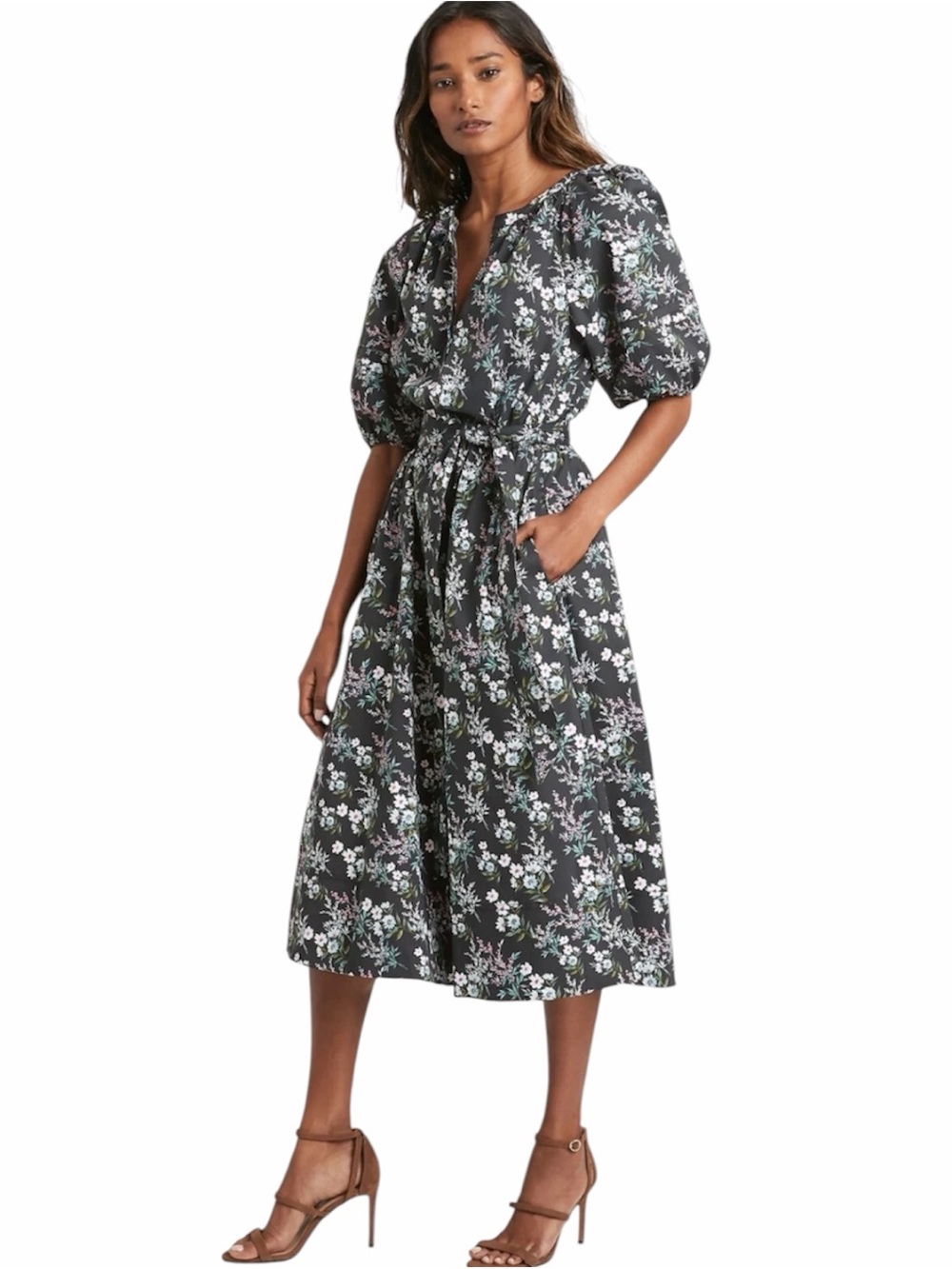 Banana Republic Black Floral Poplin Midi Dress with Short Puff Sleeves Size 4